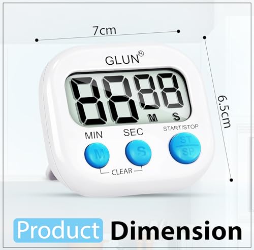 Image of GLUN Digital Kitchen Timer for Cooking, Pack of 1 Big & Clear Digits, Loud Alarm, Magnetic Back, Timer for Baking, Creating Food, White Body & Blue Buttons (Random Color)