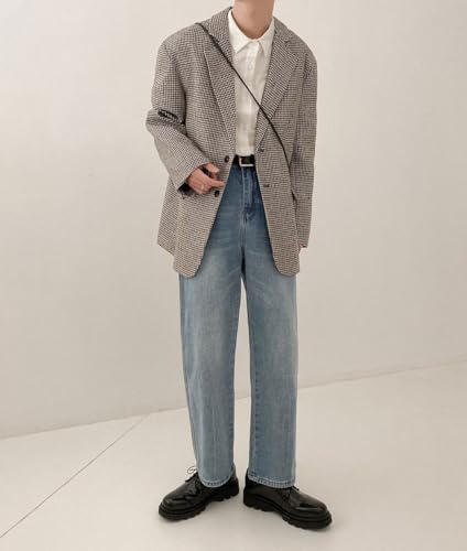 chouyatou Men's Plaid Pattern Wool Blazer Sports Coat Casual Notched Lapel Single Breasted Wool Pea Coat3