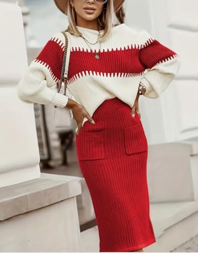 chouyatou Women's 2 Piece Sweater Skirt Sets Color Block Knit Sweater Top Bodycon Skirt Two Piece Outfits2