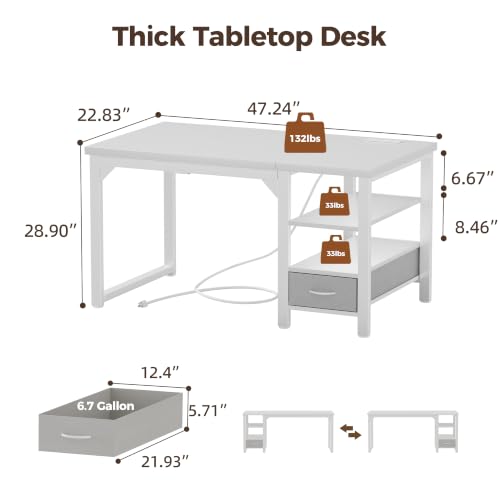 Image of Mericonia 48 inch Computer Desk with Drawer, 1.2 inch Thick Reversible Office Desk | Modern Writing Table with Power Outlets & Storage Shelves, Heavy Duty Industrial Study Desk for Home Bedroom Work