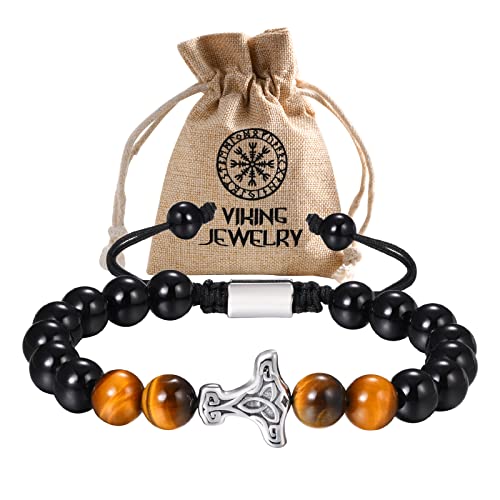 VNOX Viking Bracelet Gifts for Men - Handmade Bead Viking Bracelet for Men, Mjolnir Amulet with Natural Agate and Tiger Eye Stones for Protection and Anxiety Relief，Pagan Nordic Celtic Jewelry