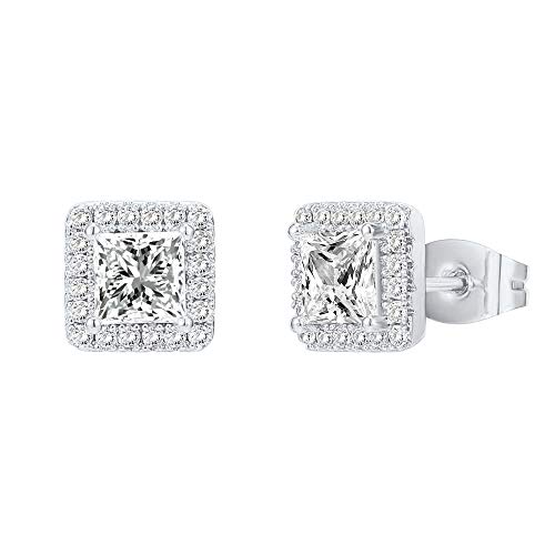 PAVOI 14K Gold Plated Sterling Silver Post Brilliant Round Faux Diamond Princess Cut Earrings - Premium Cubic Zirconia in White Gold