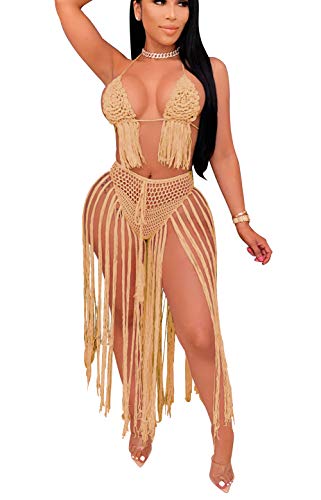 Bluewolfsea Womens Sexy Two Piece Crochet Outfits Halter Bikini Top Maxi Skirt Set Mesh Fishnet Swimsuit Cover Up Small Khaki #TOP13