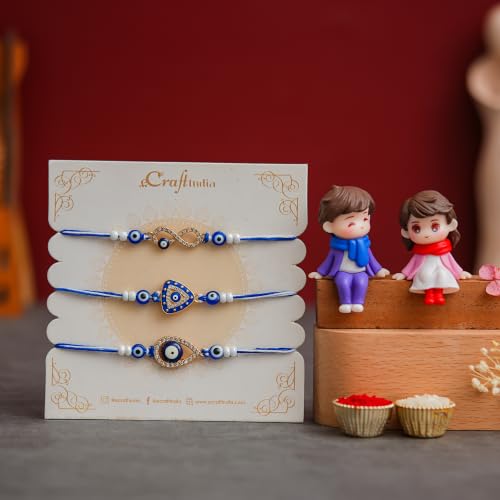 Image of eCraftIndia Evil Eye Rakhi Set of 3 for Brother with Cute Couple Showpieces | Designer Nazar Rakhi Combo | Premium Beaded Raksha Bandhan Gift Set for Bhai
