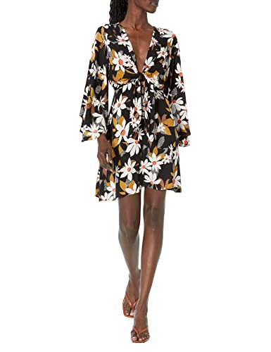 Angie Women's Deep V Neck Tie Front Long Sleeve Dress, Black, Large #TOP30