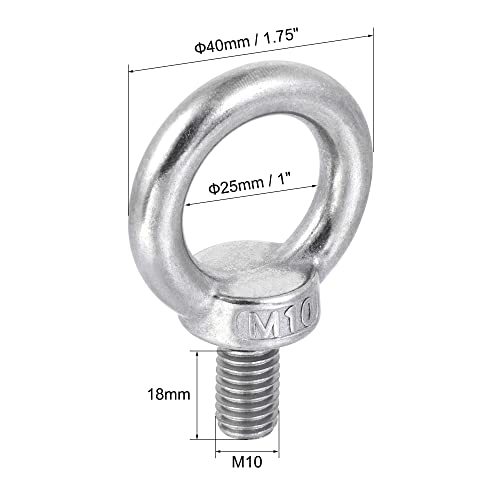 Image of uxcell Lifting Eye Bolt M10 x 18mm Male Thread with Hex Screw Nut Gasket Flat Washer for Hanging Securing Chain Wire Rope, 304 Stainless Steel, 6 Sets