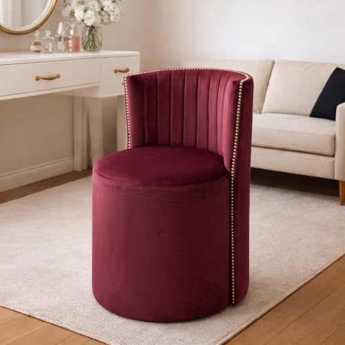 Image of Luxury Velvet Ottoman Chair Pouffe Stool-Modern Round Soft-Padded Chair for Dining Room, Living Room /Cafeteria Seating /Bedroom and Dressing Area /Ottoman with Backrest (Maroon)