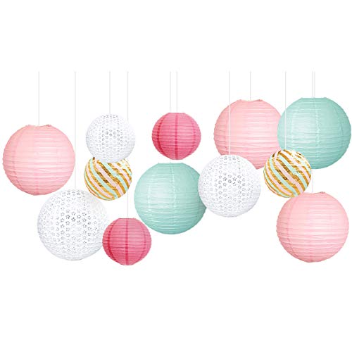 NICROLANDEE Birthday Party Decorations - 12 Pcs Mint Green Pink White Paper Lanterns Kit for Wedding Engagement Bridal Shower Birthday Baby Shower Princess Girl Pastel Party Decor