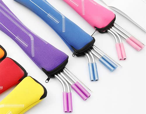Stainless Steel Straws with Silicone Tips, Reusable with Cleaning Brush and Carry Bags, Smoothie Straw Set for Tumblers, Milkshake, Beverage (Purple-Silver)