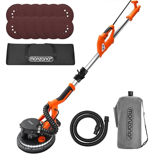 MONZANA® Ponceuse girafe avec aspirateur 750W max. 1750 tr/min 12x disques abrasifs 80 LED polisseuse meuleuse plafond mur manche télescopique