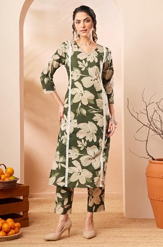 Image of Janasya Women's Olive Pure Cotton Floral Printed Straight Kurta Pant Set
