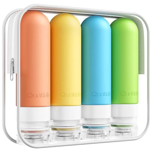 Quatish Travel Bottles for Toiletries, Original Patented Leak Proof Travel Size Containers, 3 oz Tsa Approved Silicone Shampoo and Conditioner Bottles, 4 Pack, Multi-Color