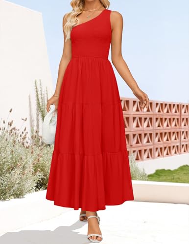 Image of ZESICA Women's 2026 Bohemian Summer Floral Print One Shoulder Sleeveless Smocked Ruffle Tiered Beach Long Midi Dress