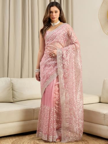 Image of AKHILAM Women's Net Embroidered Saree With Unstitched Blouse Piece