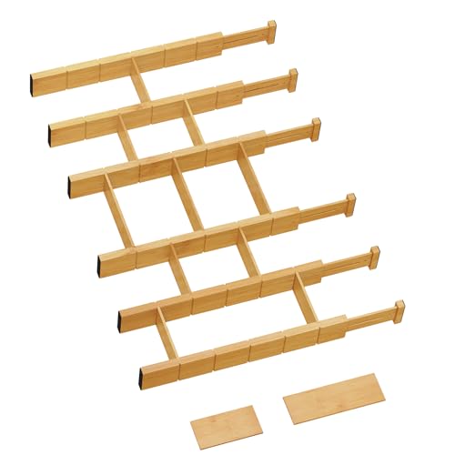 6 Pack Bamboo Drawer Dividers with 12 Inserts, Expandable Adjustable Clothes Drawer Organizers and Storage from 17″ to 22″ for Kitchen, Bedroom, Dresser, Cosmetics (Natural)