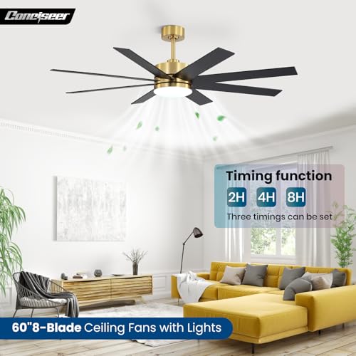 Image of 60 Inch Ceiling Fans with Lights and Remote, Dual Color 6 Blades, Bedroom Living Room Office Library Cafe Outdoor Industrial, 3CCT Dimmable, 6 Speed Reversible Quiet DC Motor, Gold /Wood Grain