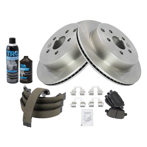 Image of TRQ Rear Brake Pad & Rotor Kit, with Chemical Kit Parking Brake Shoe Set Ceramic Compatible with 2008-2012 Land Rover LR2