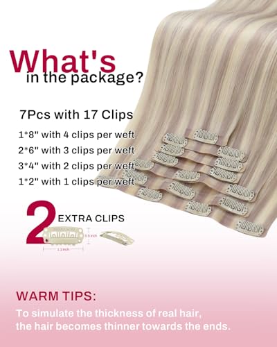 Moresoo Seamless Clip in Hair Extensions Human Hair Blonde Highlight Seamless Hair Extensions Clip ins Human Hair Cool Ash Brown with Bleach Blonde with A Hint of Pink 7pcs 120g 16inch