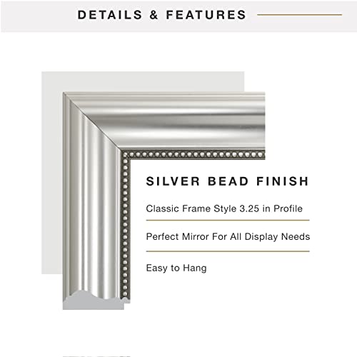 Image of MCS 24x36 Large Wall Mirror, Silver Mirror with Beaded Detail, Vertical & Horizontal Wall Hanging Mirror for Bathroom, Bedroom & Livingroom