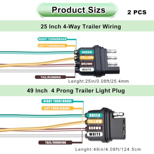 Image of 25 Inch 4-Way 4 Prong Trailer Wiring Harness Plug and 49 Inch Trailer Wiring Harness Male End Replacement Connector for Trailer Hitch Wire Multi-Purpose Ship Lamp Dust Cover