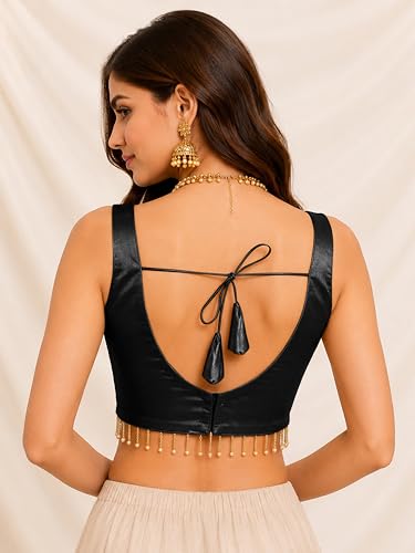 Image of TRENDMALLS Women's Gaji Silk Plain Sweet Heart Neck Sleeveless Beads Lace Work Blouse Choli Stylish Saree Blouse Ready to Wear
