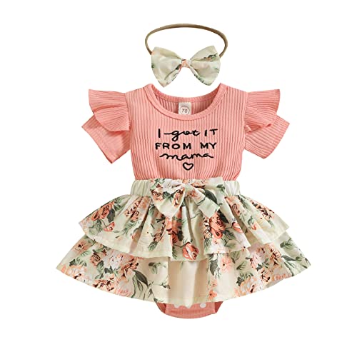 Image of Newborn Infant Baby Girl Summer Outfit Clothes Floral Short Sleeve Romper Dress Ruffle Bodysuit Headband (Pink, 0-6 Months)