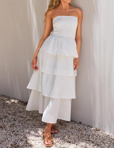 ZESICA Women‘s Summer Boho Strapless Maxi Dress 2025 Casual Sleeveless Off Shoulder Smocked Tiered Beach Long Sundress3