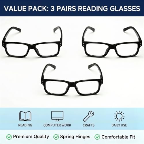 Image of Eyekepper 3.75x Reading Glasses, Readers for Men, 3pk Black Eyeglass Women | Stylish Mens Womens Reader Eyeglasses, Retro Cheaters, All-Day Comfort Spring Hinges, Scratch Resistant for Work /Crafts