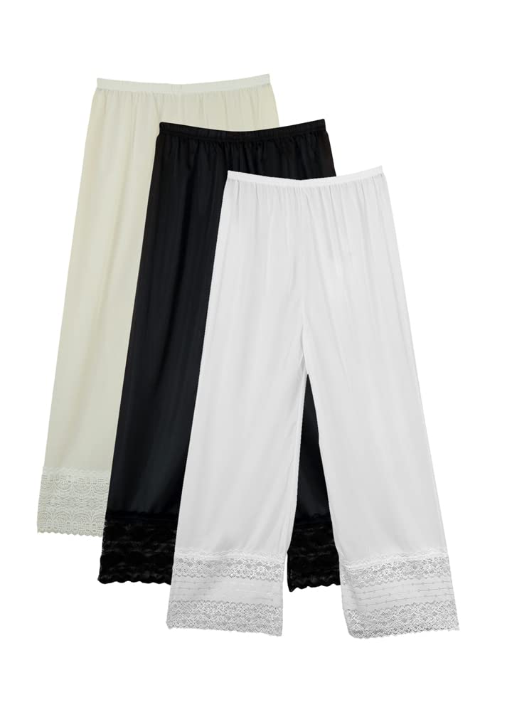 3- Pieces Full Length Soft inner Pants Trousers Big Lace Silk and Polyster with Elasticised Waistband Women L Multicolor