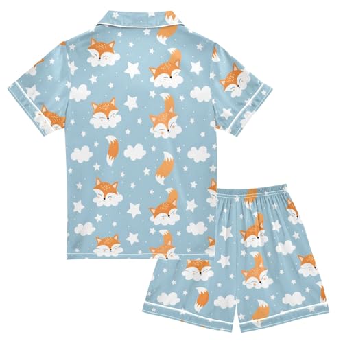 Fox White Clouds Pattern Summer Satin Pajama Set, Cute Button-Down Sleepwear Pj Set for Sleep Wears2