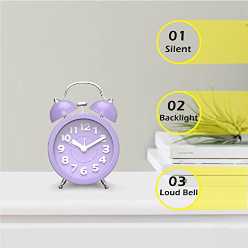 Pilife 3" Small Loud Alarm Clock For Heavy Sleepers, Twin Bell Alarm Clock Battery Operated, Analog Alarm Clock With Light For Bedroom,Purple #TOP2