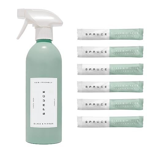 Spruce Naturally-scented Peppermint Glass & Mirror Eco Cleaning Spray Kit | Reusable Aluminum Bottle | 6x Non-toxic Refills | Windows Mirrors Stainless Steel Smudge & streak-free | Vegan