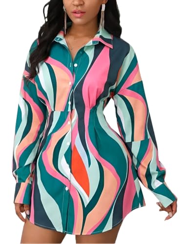 Image of Glozeplus Long Sleeve Button Down Collar Mini Shirt Dress for Women
