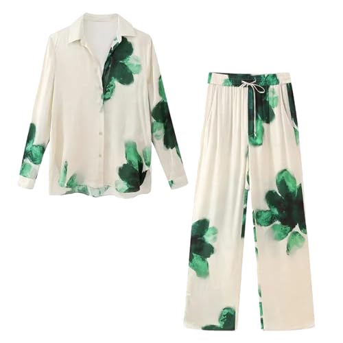 Women's Casual Print Loose Turn-Down Collar Shirt Stylish Office Elastic Waist Pants Set