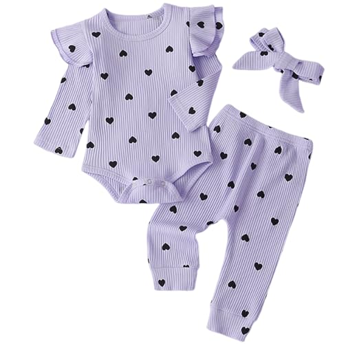 Image of Fullfamous Baby Girl's 3pc Rib Frill Long Sleeve Romper and Pant Set
