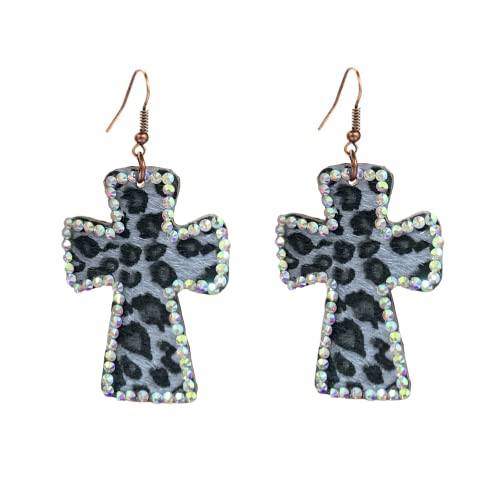 Vintage Leather Cross Dangle Earrings for Women Girls Leopard Print AB Crystal Statement Drop Dangling Hook Stud Earring Boho Lightweight Exaggerated Jewelry (Black)