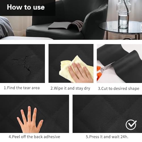Image of Leather Repair Patch - 60 x 30 Cm self Adhesive Leather Repair Tape for Damaged Leather Furniture, Sofa Seating,Bags, Jackets - Leather Repair for Couches & Upholstery (1 Pcs - Black)