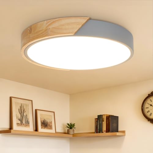 Kimjo 30cm Luminaire Plafonnier LED Lampe Plafond, 24W Moderne Plafonnier Chambre en Bois Gris,3000K, 2400LM Lampe de Plafond Ronde pour Bureaux, Salons,...