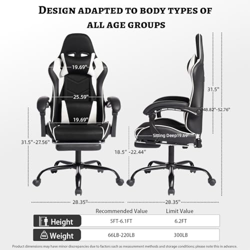 Image of Gaming Desk Chair for Adults, Ergonomic Gaming Chair with Footrest & Headrest and Lumbar Support, Leather Material Height Adjustable Computer Video Game Chairs (White Upgrade)