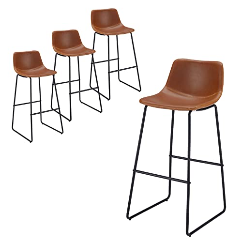 Bar Stools Bar Chairs, Modern Industrial Bar Stools Set Of 4,Faux Leather Dining Chairs Barstools Leather Stool For Kitchen Counter,Mid Century Bar Stools With Back Barstool Set Of 4 Whiskey Brown,30" #TOP7