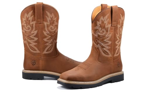 SUREWAY Men's Western Cowboy Boots-Soft Toe,Waterproof Square Toe Work Boots for Men,Comfortable & Durable,Oil/Slip Resistant,Thicker Leather,Rubber Sole,Work Shoes With Embroidered3