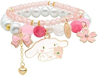 GAUEIOUR Cinnamoroll Crystal Bead Bracelet,Cute Cartoon Crystal Beaded Elastic Bracelet for Girls and Ladies,Small Fresh Simple Cute Cartoon Yugui Dog Crystal Pearl Bracelet(Pack Of 2)