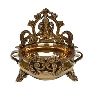 Ethnic Carved Urli With Ganesha Statue, 7 Inches Brass Decor Bowl, Urli Decor, Decorative Urli For Corner Tables #TOP1