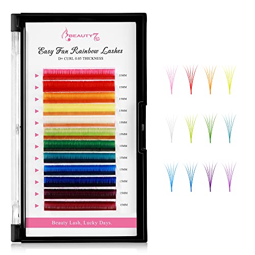 Beauty7 Pestañas autoablandables D+ Curl 0.05 Easy Fan Lashes para técnica de volumen, extensiones de pestañas, volumen de pestañas, mezcla de pestañas, pestañas de colores, 12 colores, 15 mm, colores