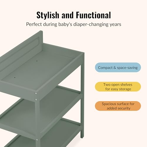 Image of Dream On Me Avery Baby Changing Table with Storage, New Zealand Pinewood, BSA Safety Certified, 2 Open Shelves, Water-Based Finish, Compact Space-Saving Nursery Design, Meadow Green