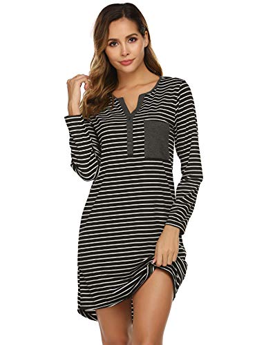 Ekouaer Women's Nightshirt Long Sleeve Button Down Nightgown V-Neck Sleepwear Pajama Dress