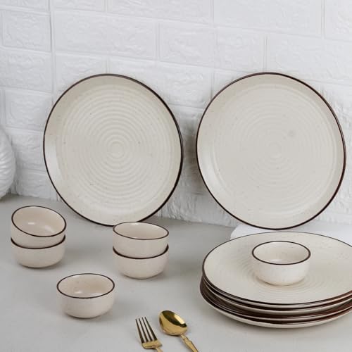 The Earth Store Spiral White Set of 12 Piece Ceramic Dinner Set, 6 Full Dinner Plates, 6 Vegetable Bowls | Microwave & Dishwasher Safe | Ceramic Plate | Katori
