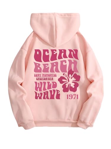 QJQ Women's Letter Graphic Drawstring Hoodie Flower Palm Beach Fleece Sweatshirt Casual Long Sleeve Thermal Pullovers Top Pink Medium