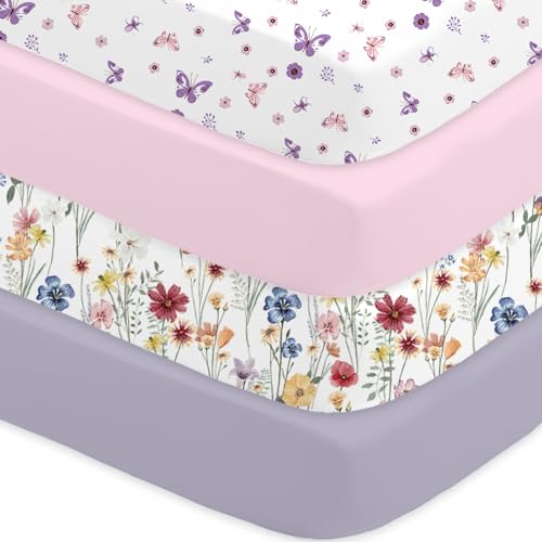 Image of Bimocosy Crib Sheets 4 Pack, Baby Crib Sheets Fitted for Boys and Girls Breathable & Snug Fit, Soft Toddler Bed Sheets for Standard Crib Mattress Nursery Daycare Essentials, Butterfly Meadow