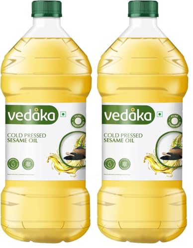 Image of Amazon Brand - Vedaka Cold Pressed Sesame Oil 2L | Gingelly Oil | Cheku /Ghani Oil | Pure & Unrefined | Contains Mufa & Omega - 6 Pufa | Contains Natural Antioxidants Lignans & Tocopherols (Pack of 2)